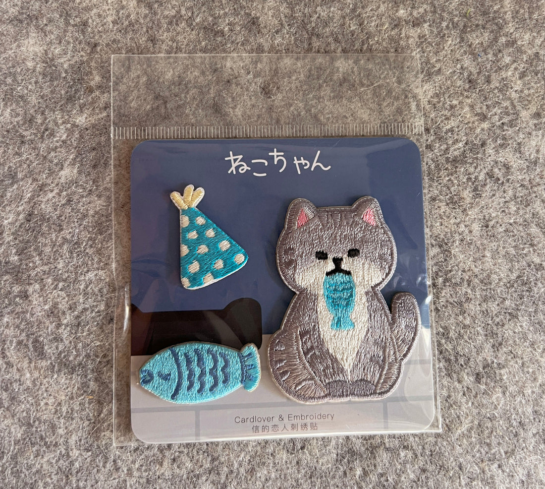 Grey Party Kitty Kawaii Iron-on Patch