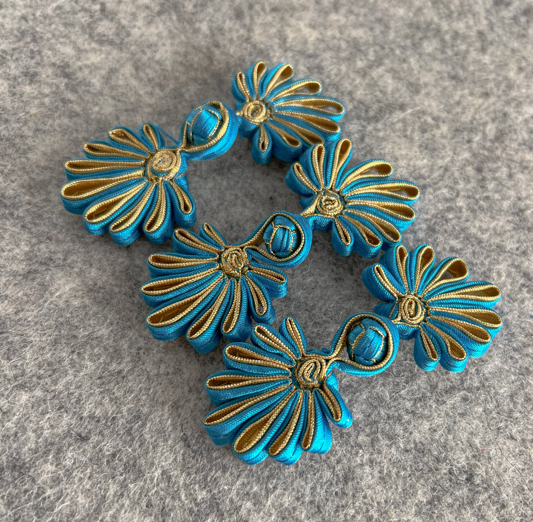 Flower Button (Sky Blue, Set of 2) Cheongsam Pankou Button Qipao Decorative Fastener, Chinese Buttons for Dress, Fancy Hand tied button